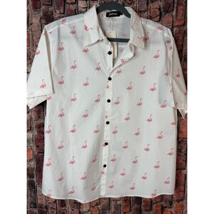 Men's VatPave White Pink Flamingo Casual Button Down Shirt L